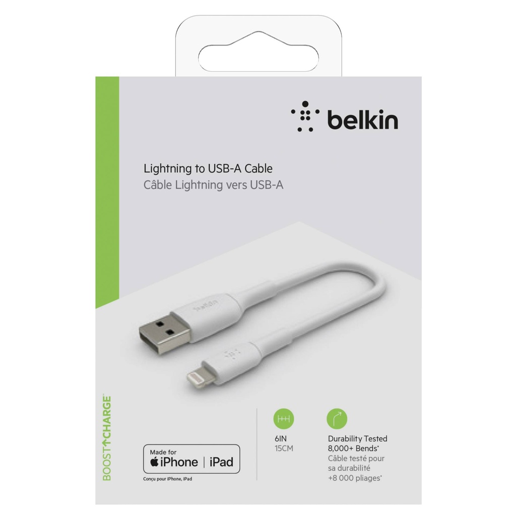 Belkin Lightning Cable 15cm, PVC, white, mfi cert.