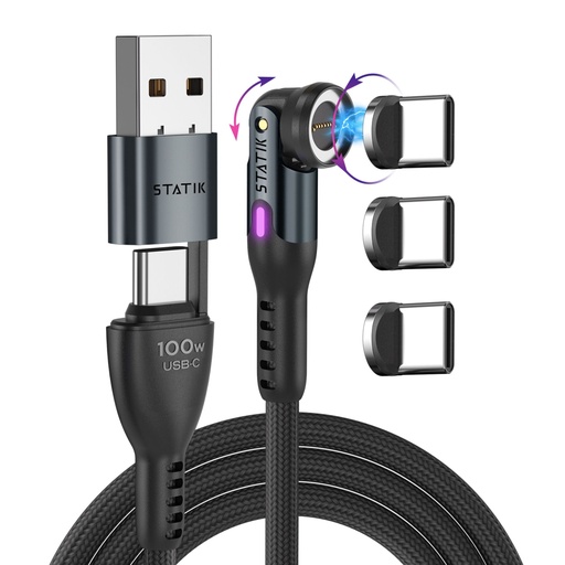 [899726] STATIK 360Pro braided rotating 3 magn. tips USB-C Cable Black 2m