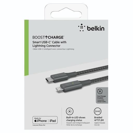 [589199] Belkin Smart LED Cable grey 1,2m USB-C / Lightning   CAA006bt04GR