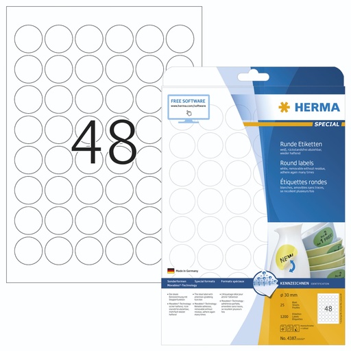 [104167] Herma Round Labels 30mm white 25 Sheets 1200 pcs.  4387