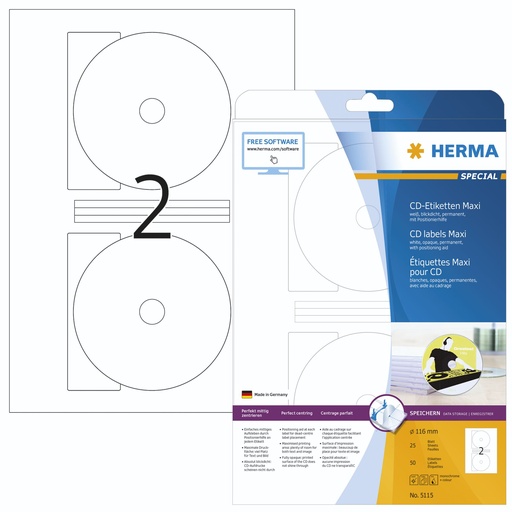 [104342] Herma CD-labels 116 25 Sheets DIN A4 50 pcs   5115