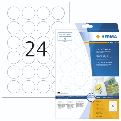[163697] Herma Removable Round Labels  40 25 Sheets DIN A4 600 pcs. 5066