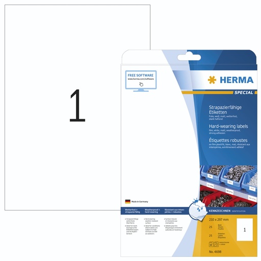 [163809] Herma Hardwearing Labels 210x297 25 Sheets DIN A4 25 pcs. 4698