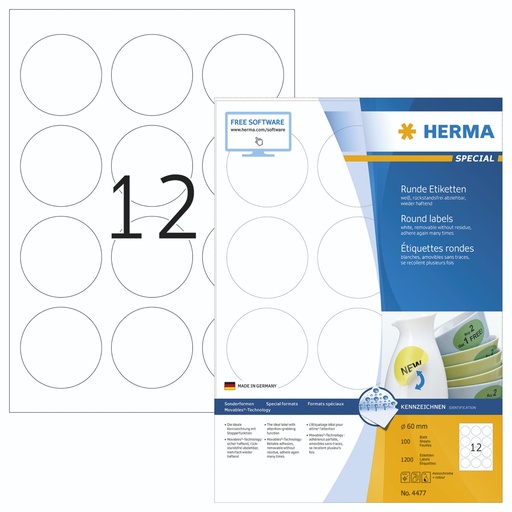 [164110] Herma Removable Round Labels  60 100 Sheet DIN A4 1200 pcs. 4477