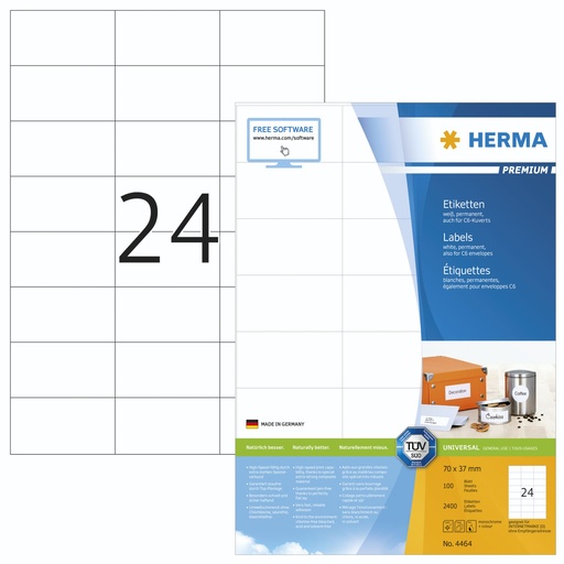[164166] Herma Premium Labels     70x37 100 Sheets DIN A4 2400 pcs. 4464