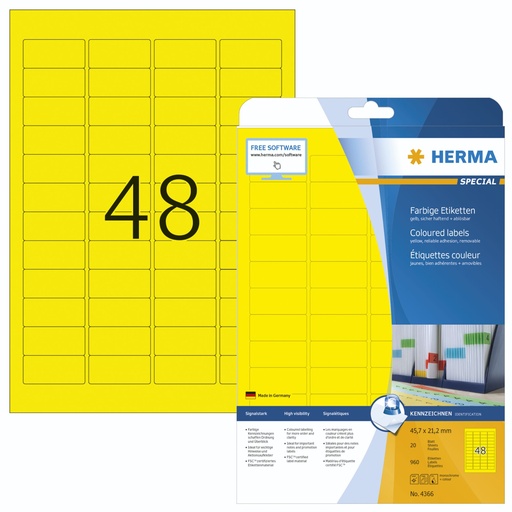 [164488] Herma Labels yellow 45,7x21,2 20 Sheets DIN A4 960 pcs. 4366