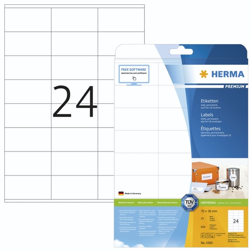 [164502] Herma Labels             70x36 25 Sheets DIN A4 600 pcs. 4360
