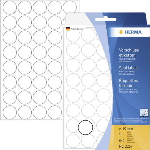 [321120] Herma Verschlussetik. rund 19mm 16 Sheet, 640 Stück, transp.2257