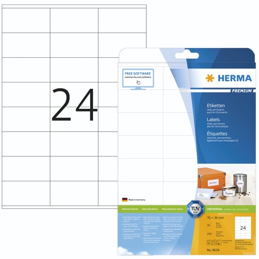 [585662] Herma Labels 70x36 white matte 10 sheets DIN A4 240 Pcs.   8638