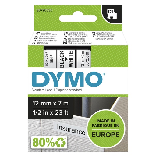 [123235] Dymo D1 12mm Black/White labels 45013
