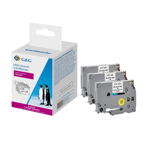 [161305] 3x G&G Schriftband 12mm x 8m sw- ws Komp. m. Brother TZe-231