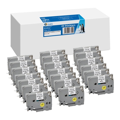 [161375] 20x G&G Schriftband 9mm x 8m sw- ws komp. m. Brother TZe-221
