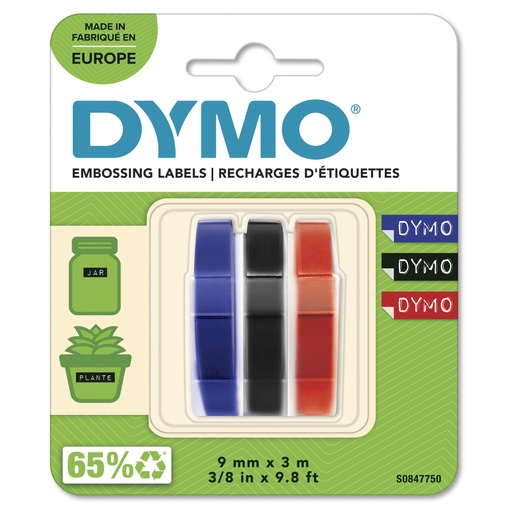[446651] 3x1 Dymo Embossing Labels Multi-Pack 9mm (red/blue/black)