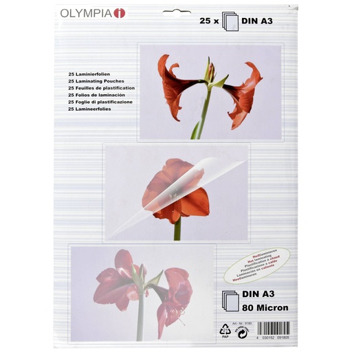 [287742] 1x25 Olympia Laminating pouches DIN A3 80 micron            9180