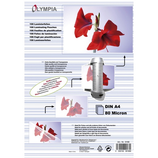 [287749] 1x100 Olympia Laminating pouches DIN A4 80 micron            9166