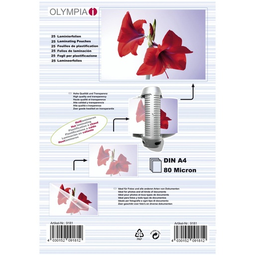 [762650] 1x25 Olympia Laminating pouches DIN A4 80 micron