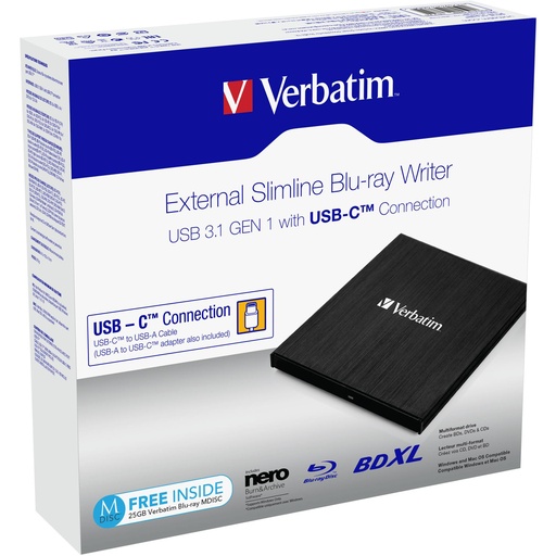 [446854] Verbatim Slimline Blu-ray Writer USB 3.1 GEN 1 USB-C        43889