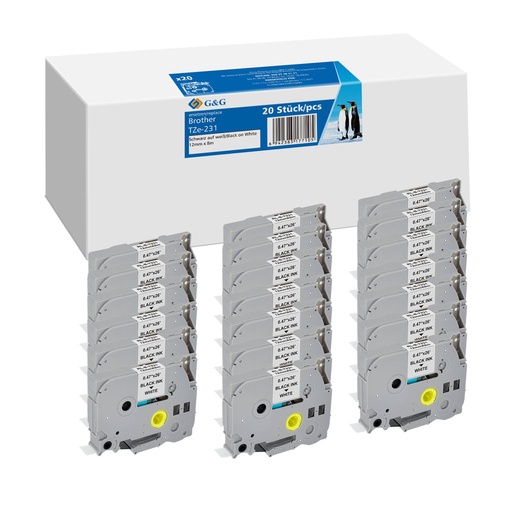 [161368] 20x G&G Schriftband 12mm x 8m sw ws komp. m. Brother TZe-231