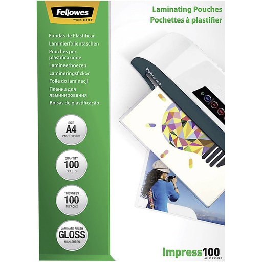 [838446] Fellowes A4 Glossy 100 Micron Laminating Pouch 100-pack
