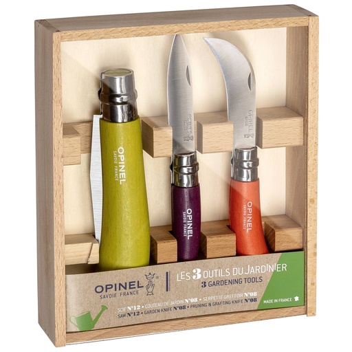 [537119] Opinel Coloured Gardener Box 3 Gardening Tools
