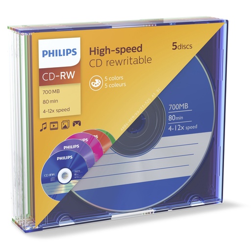 [513522] 1x5 Philips CD-RW 80Min 700MB 4-12x SL Colour