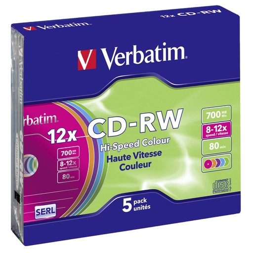 [545977] 1x5 Verbatim CD-RW 80 / 700MB 10x Speed, Colour, Slim