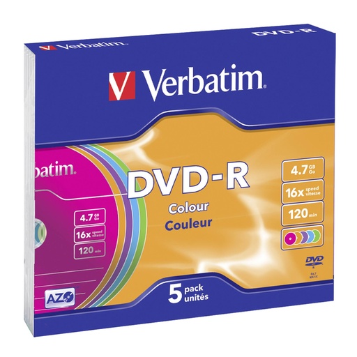 [200830] 1x5 Verbatim DVD-R 4,7GB Colour 16x Speed, Slim Case