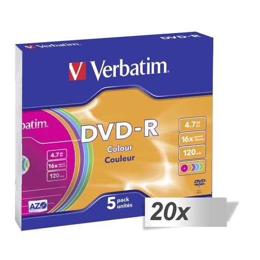 [485480] 20x5 Verbatim DVD-R 4,7GB Colour 16x Speed, Slim Case