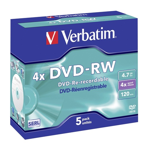 [714068] 1x5 Verbatim DVD-RW 4,7GB 4x Speed, Jewel Case