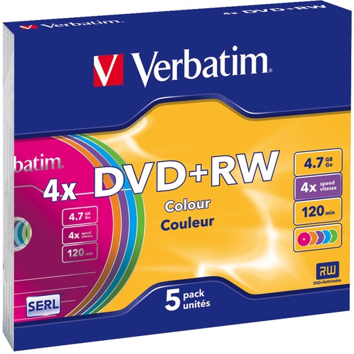 [178222] 1x5 Verbatim DVD+RW 4,7GB 4x Speed Colour Surface Slimcase