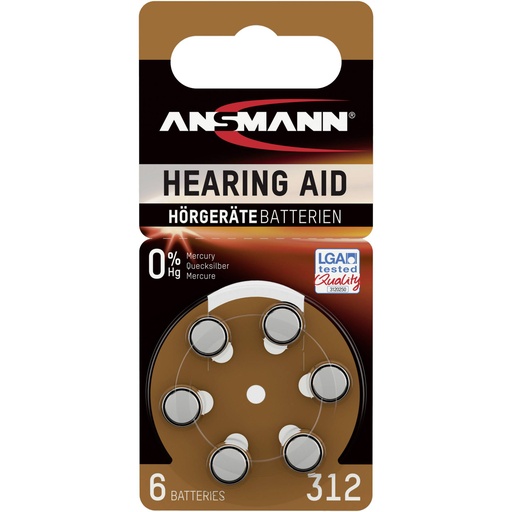 [106939] 1x6 Ansmann Zinc-Air 312 (PR41) Hearing Aid Batteries