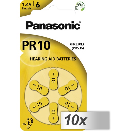 [464032] 10x1 Panasonic PR 10 Hearing Aid Batteries Zinc Air 6 pcs.