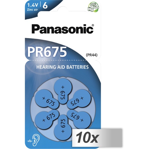 [464620] 10x1 Panasonic PR 675 Hearing Aid Batteries Zinc Air 6 pcs.
