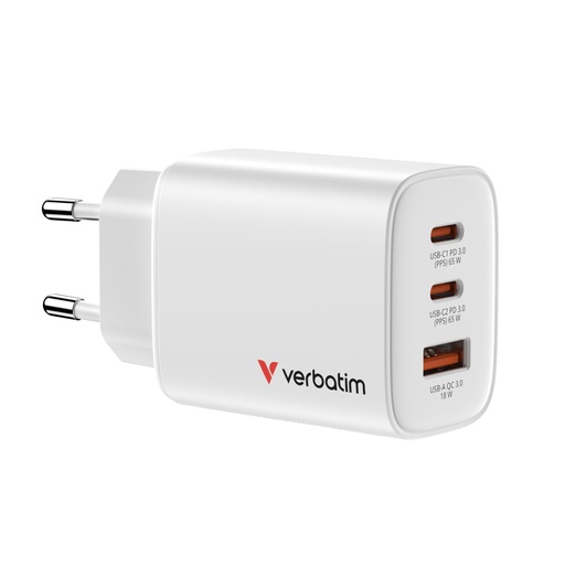 [202458] Verbatim Essentials GaN Charger 65W 2xUSB-C/1xUSB-A weiß   32353