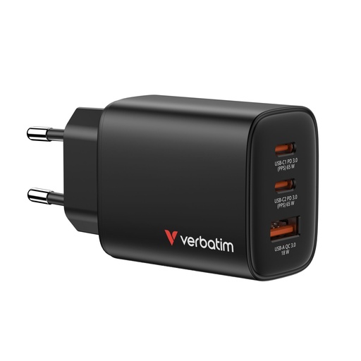 [202465] Verbatim Essentials GaN Charger 65W 2xUSB-C/1xUSB-A schwa. 32352
