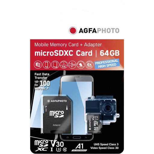 [429844] AgfaPhoto MicroSDXC UHS-I   64GB High Speed C10 U3 V30 + Adapter