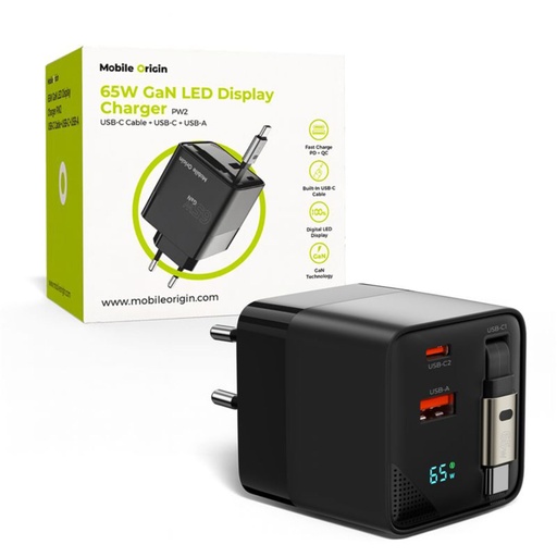 [266452] Mobile Origin 65W GaN Charger USB-C retra. cable + USB-A 75cm
