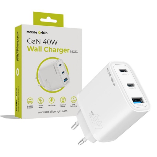 [266487] Mobile Origin 40W GaN Charger MO13 white 1x USB-A + 2x USB-C