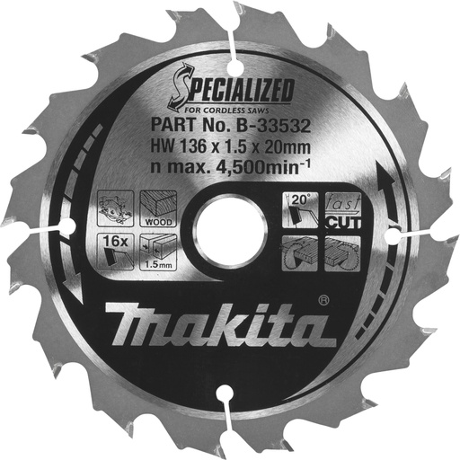 [807354] Makita B-33532 SPECIALIZED Saw Blade 136x20x16Z