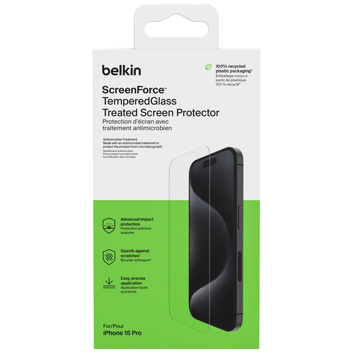 [833828] Belkin Screenforce Tempered Gl. antibact. iPhone 15 Pro OVA137ZZ