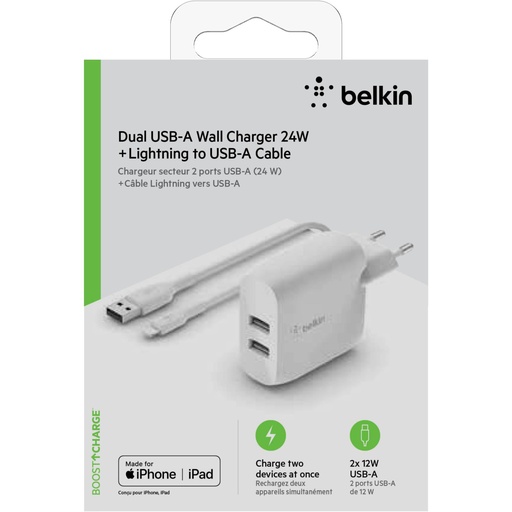 [528761] Belkin Dual USB-A Charger, 24W incl. Lightning Cable 1m, white