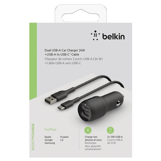 [529160] Belkin USB-A Car Charger 24W 1m USB-C Cable sw. CCE001bt1MBK