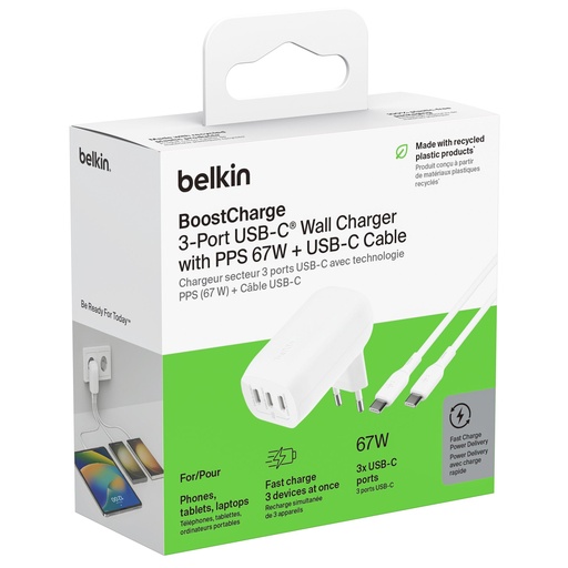 [862843] Belkin BOOST Charge USB-C 67W 3xUSB-C + Cable WCC002vf2MWH-B6